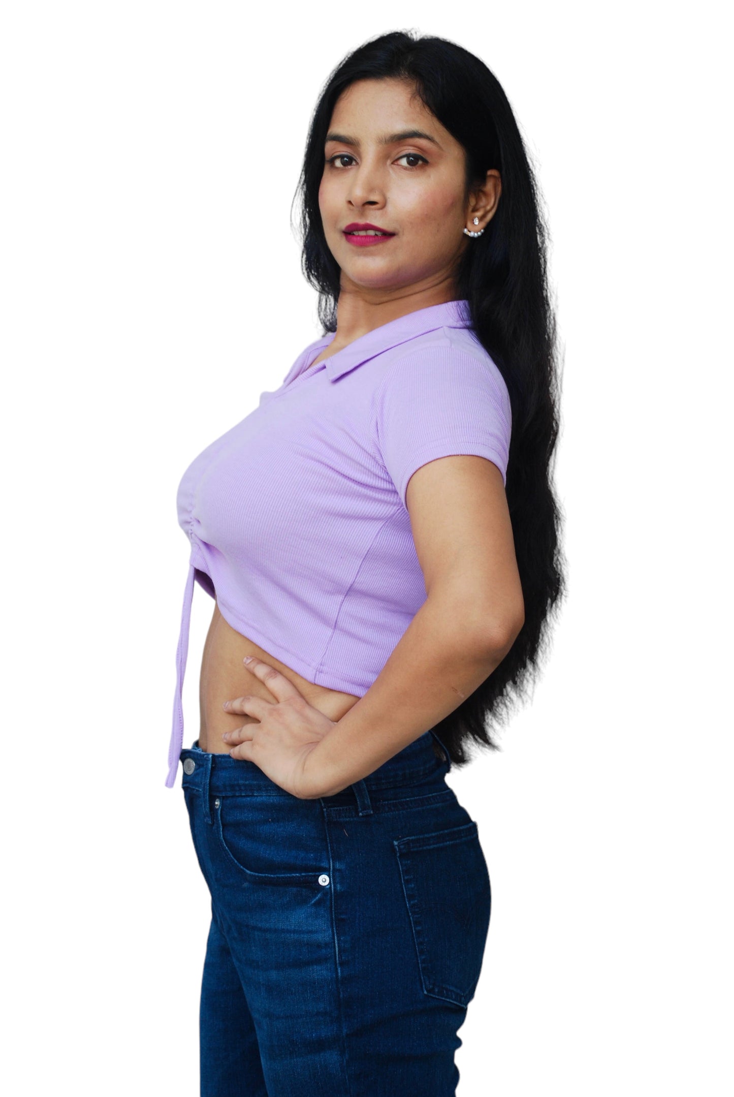 Lavender Color Front Ruched  Ribbed Fabric Crop Top