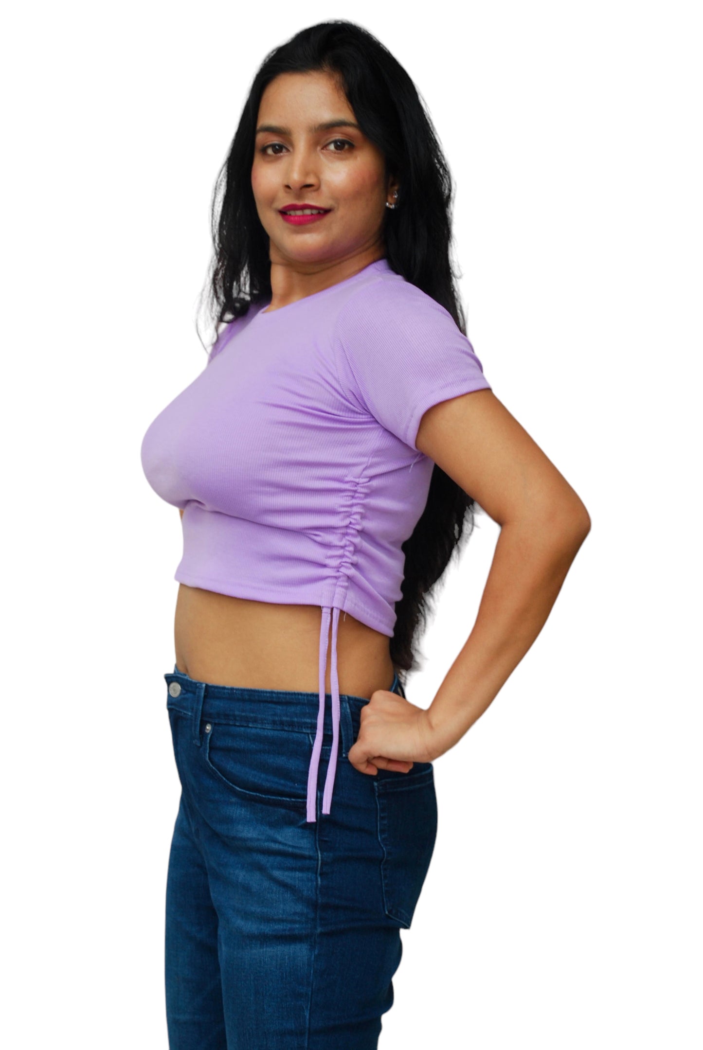 Women Lavender Color Side Ruched Ribbed Fabric Crop Top