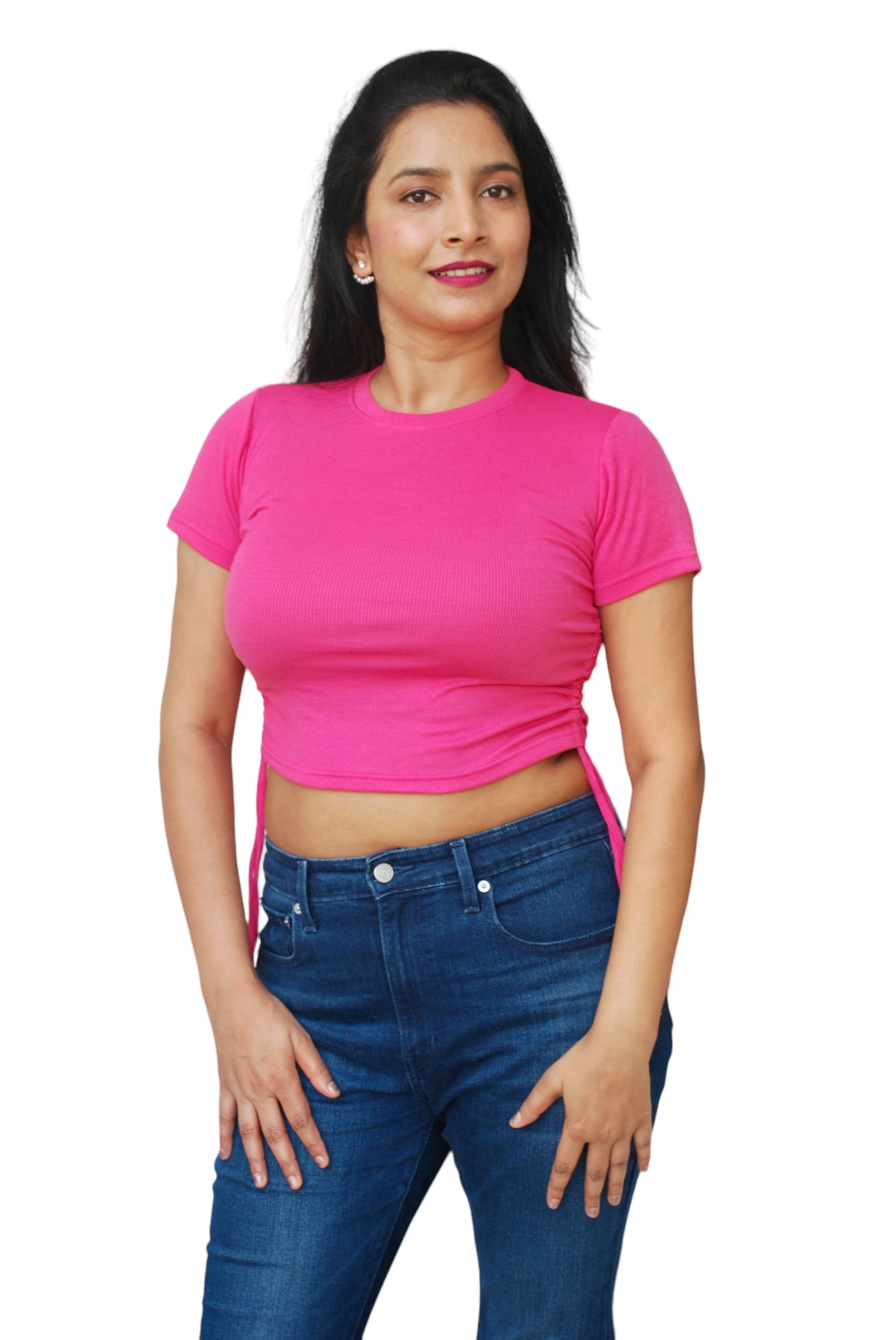 Women Fuchsia Pink Color Side Ruched Ribbed Fabric Crop Top