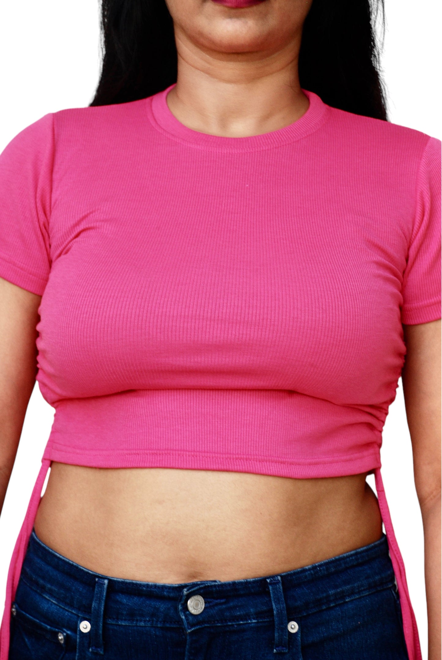 Women Fuchsia Pink Color Side Ruched Ribbed Fabric Crop Top