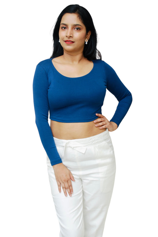 Blue Color Full Sleeve Cotton Lycra Fabric Crop Top