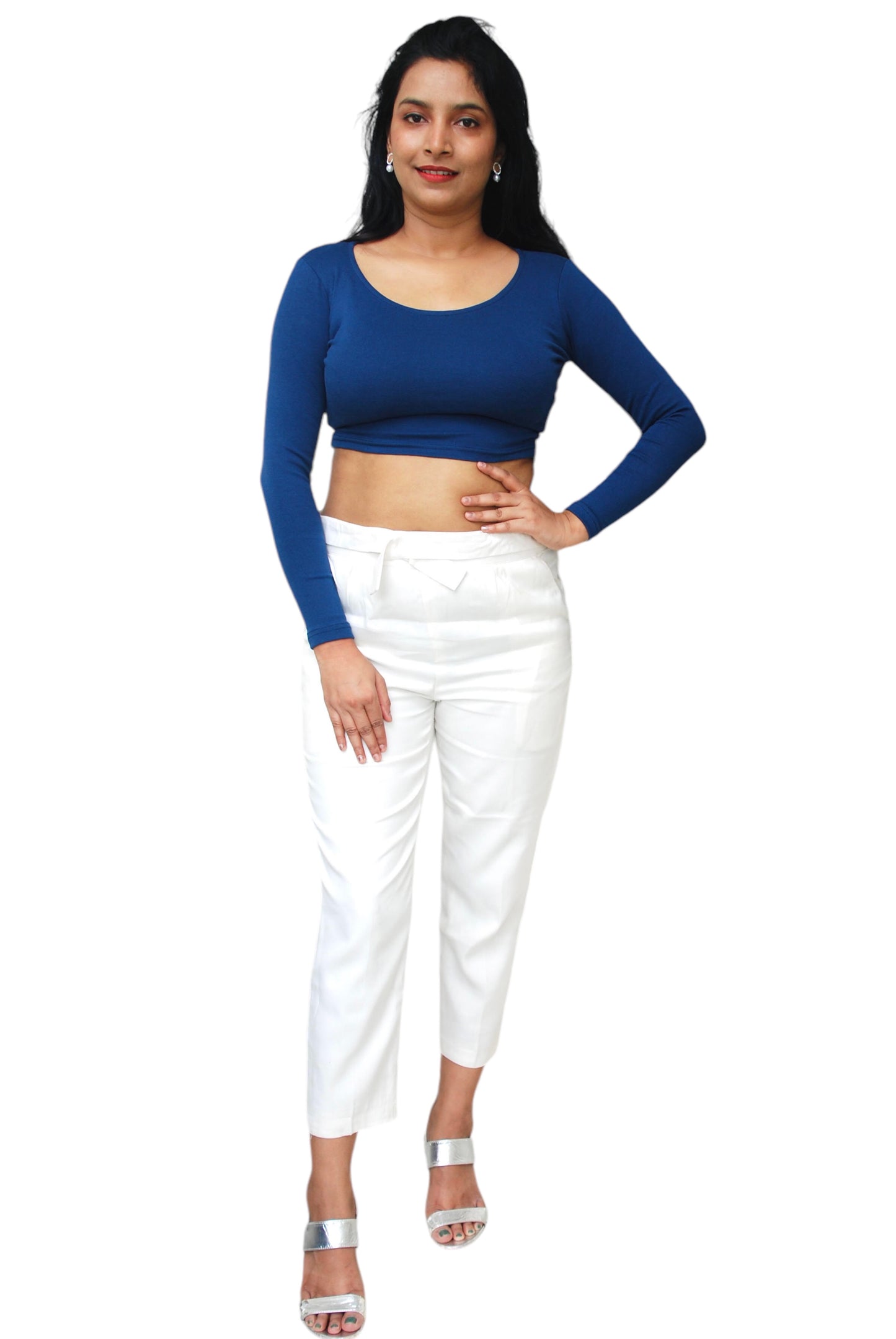 Blue Color Full Sleeve Cotton Lycra Fabric Crop Top