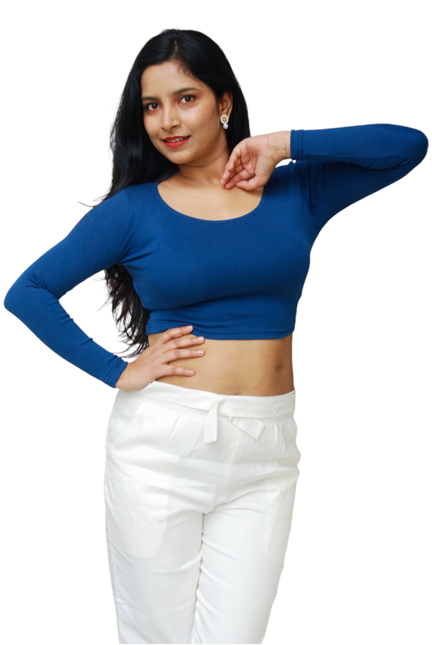 Blue Color Full Sleeve Cotton Lycra Fabric Crop Top