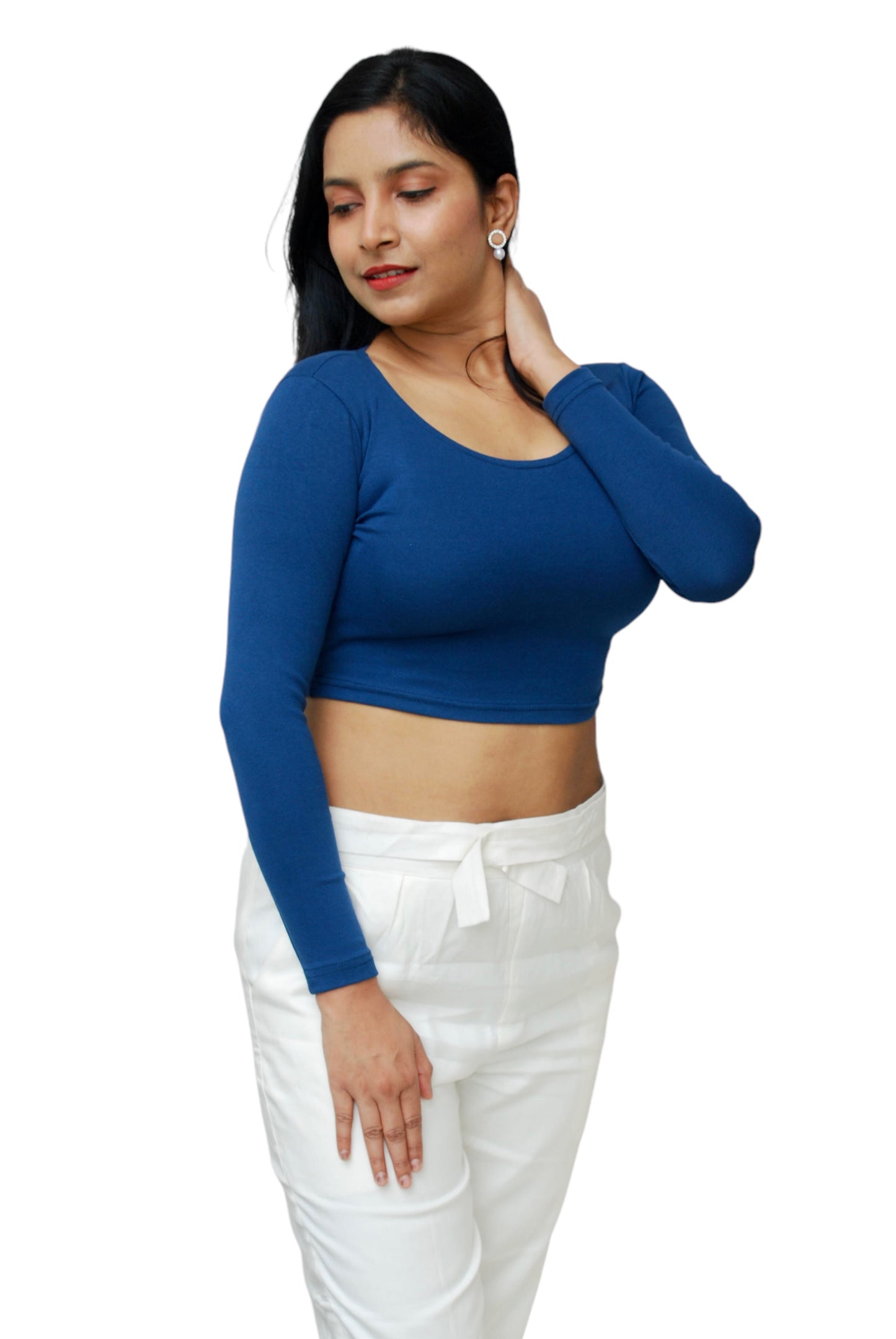 Blue Color Full Sleeve Cotton Lycra Fabric Crop Top