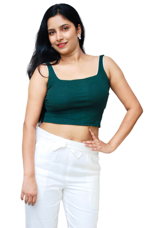 Women Bottle Green Color Square Neck Crop Top