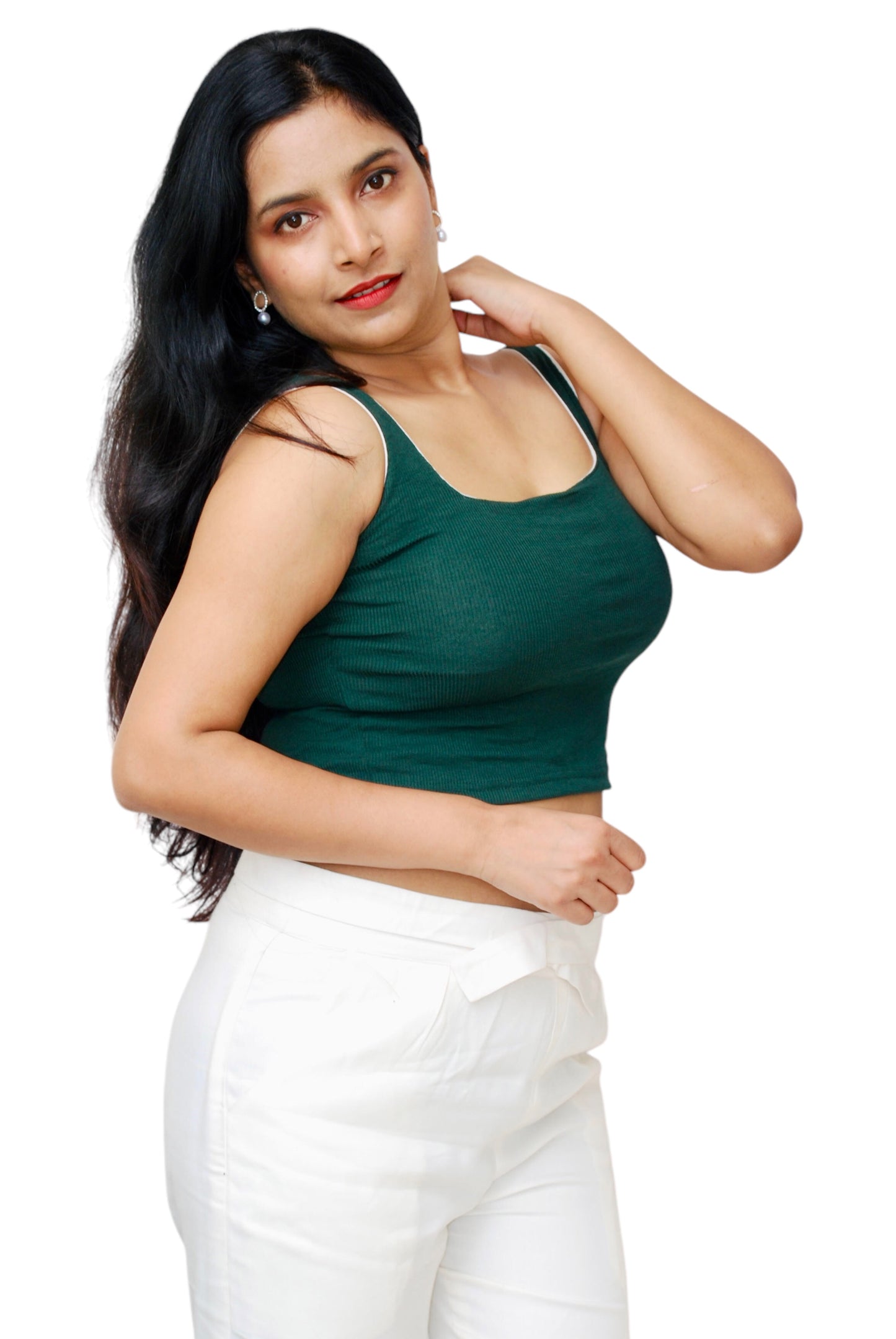 Women Bottle Green Color Square Neck Crop Top