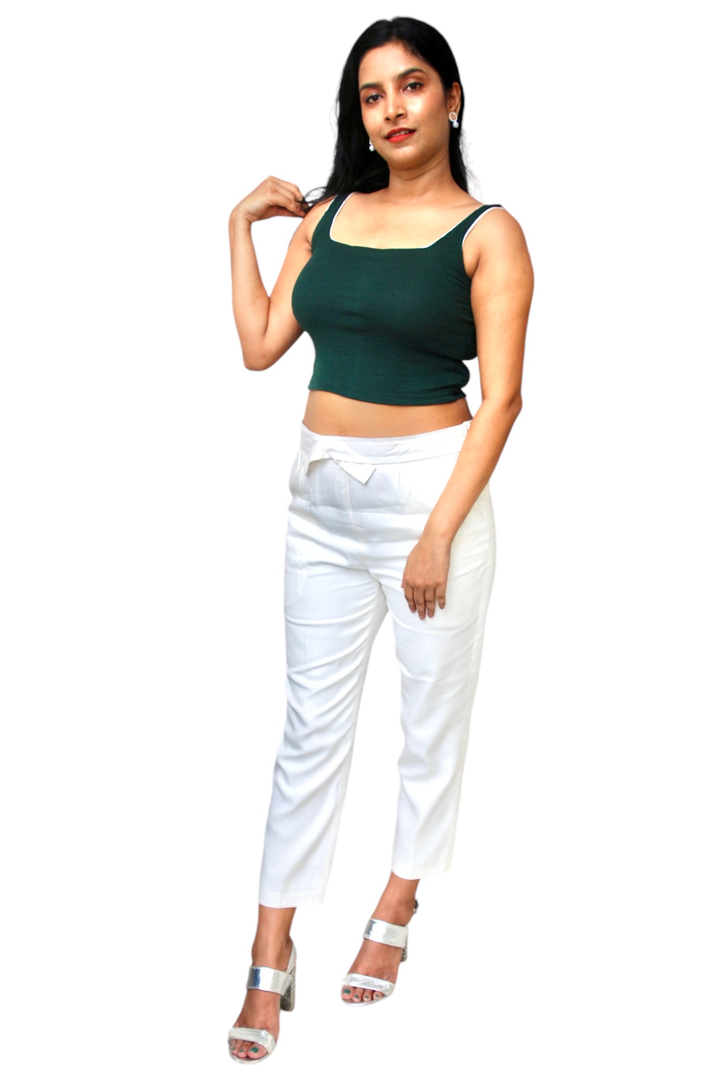 Women Bottle Green Color Square Neck Crop Top