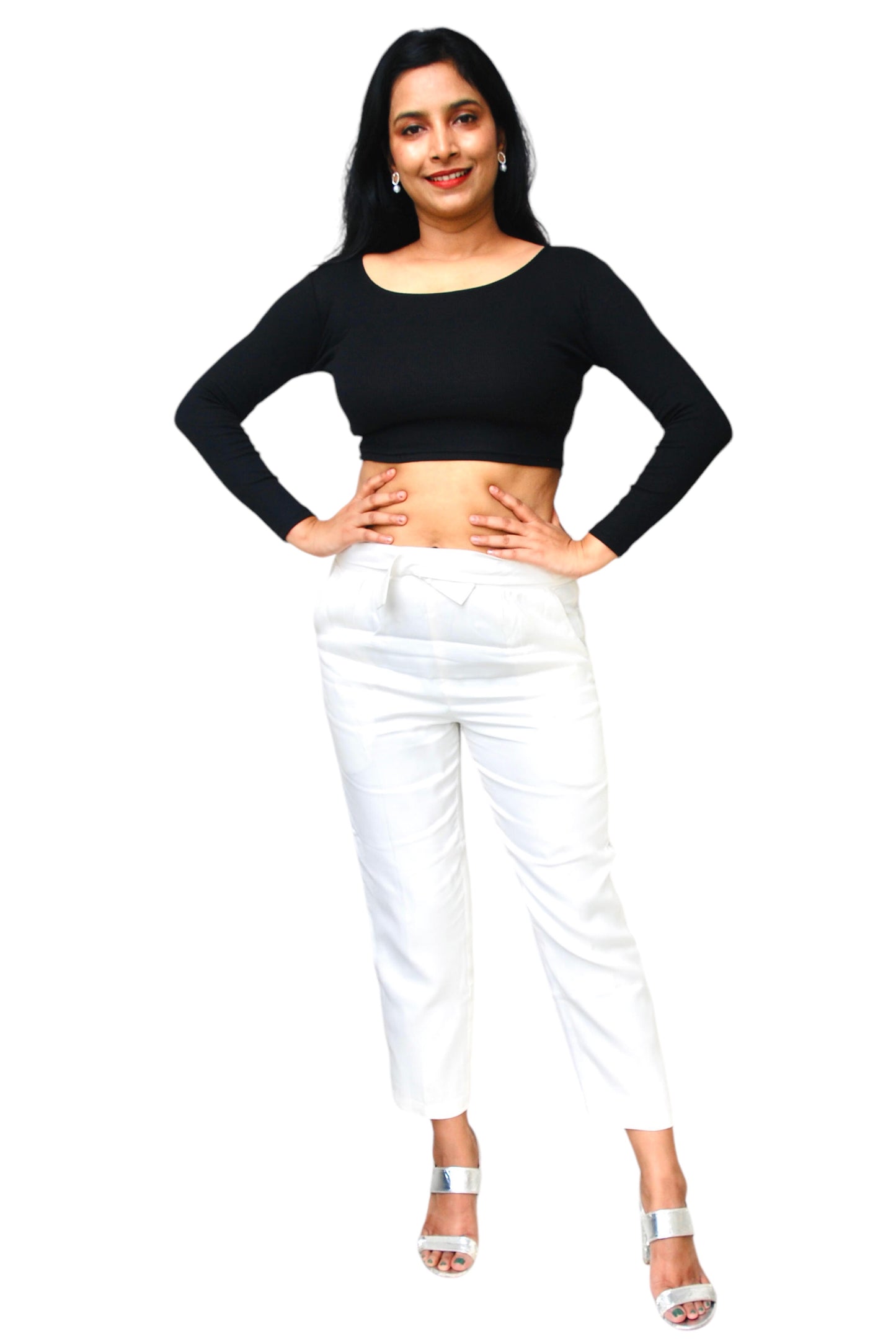 Black Color Full Sleeve Ribbed Fabric Crop Top