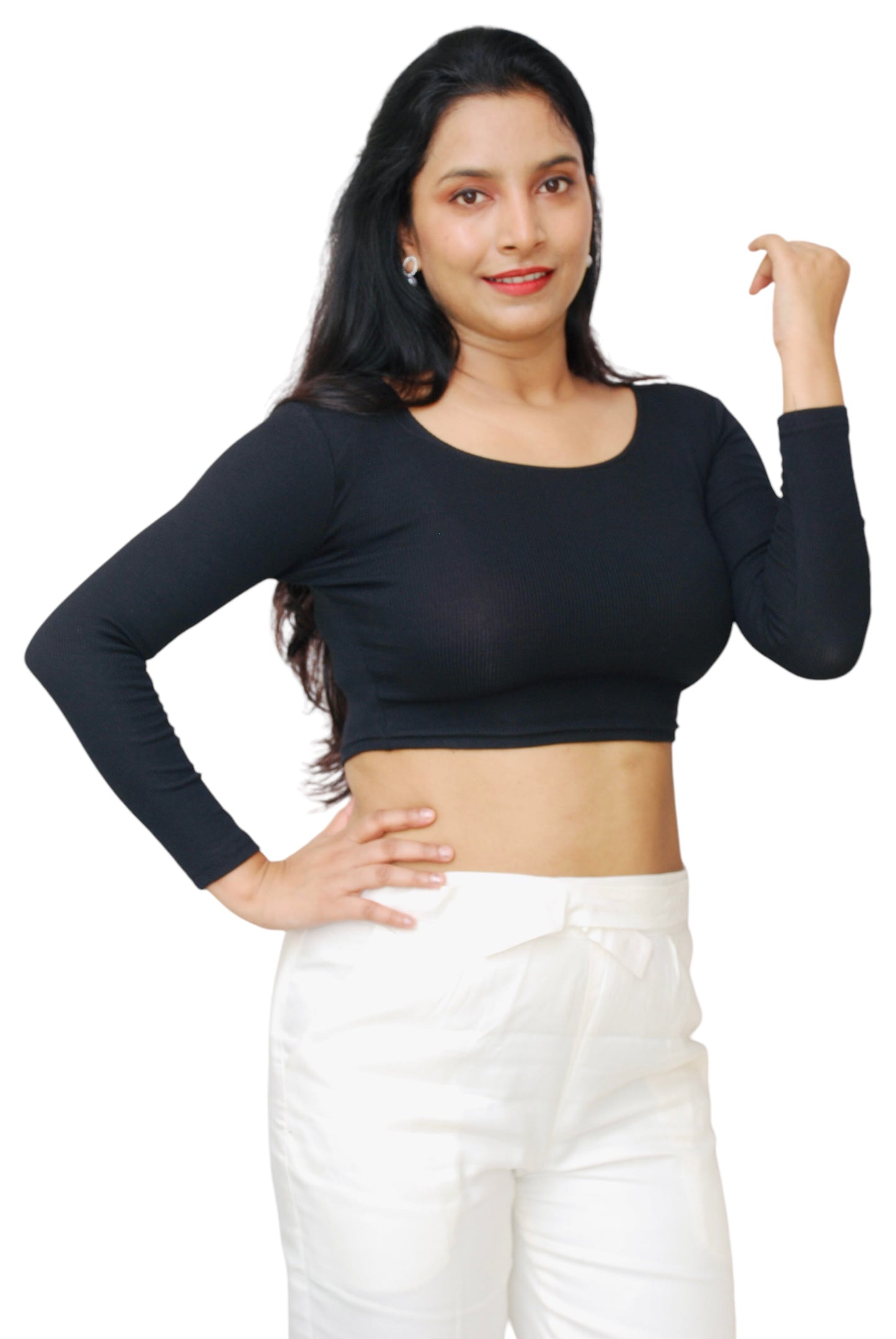 Black Color Full Sleeve Ribbed Fabric Crop Top