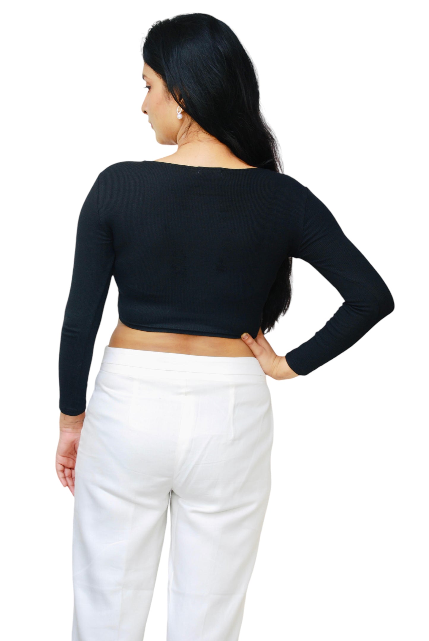 Black Color Full Sleeve Ribbed Fabric Crop Top