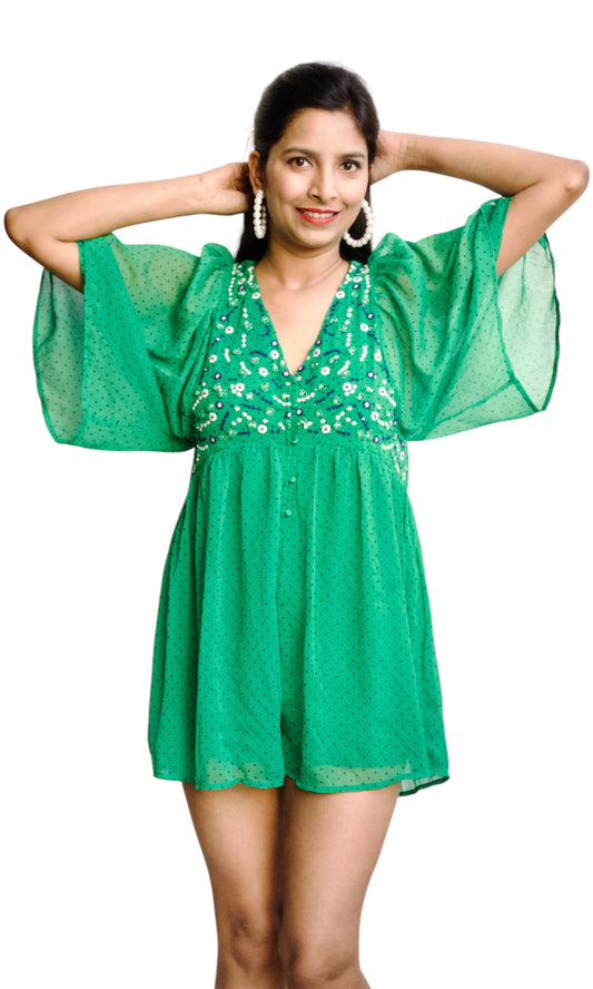 Women Green Color Polka Dot Printed Romper