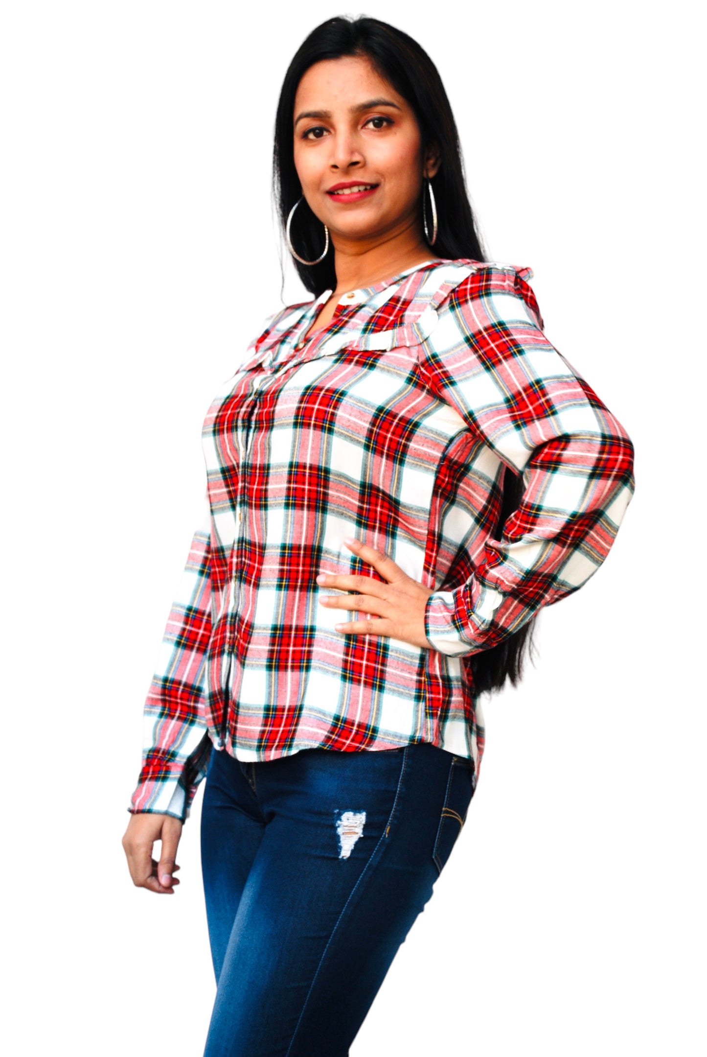 Women Regular Fit Checkered Button Down Collar Casual Shirt