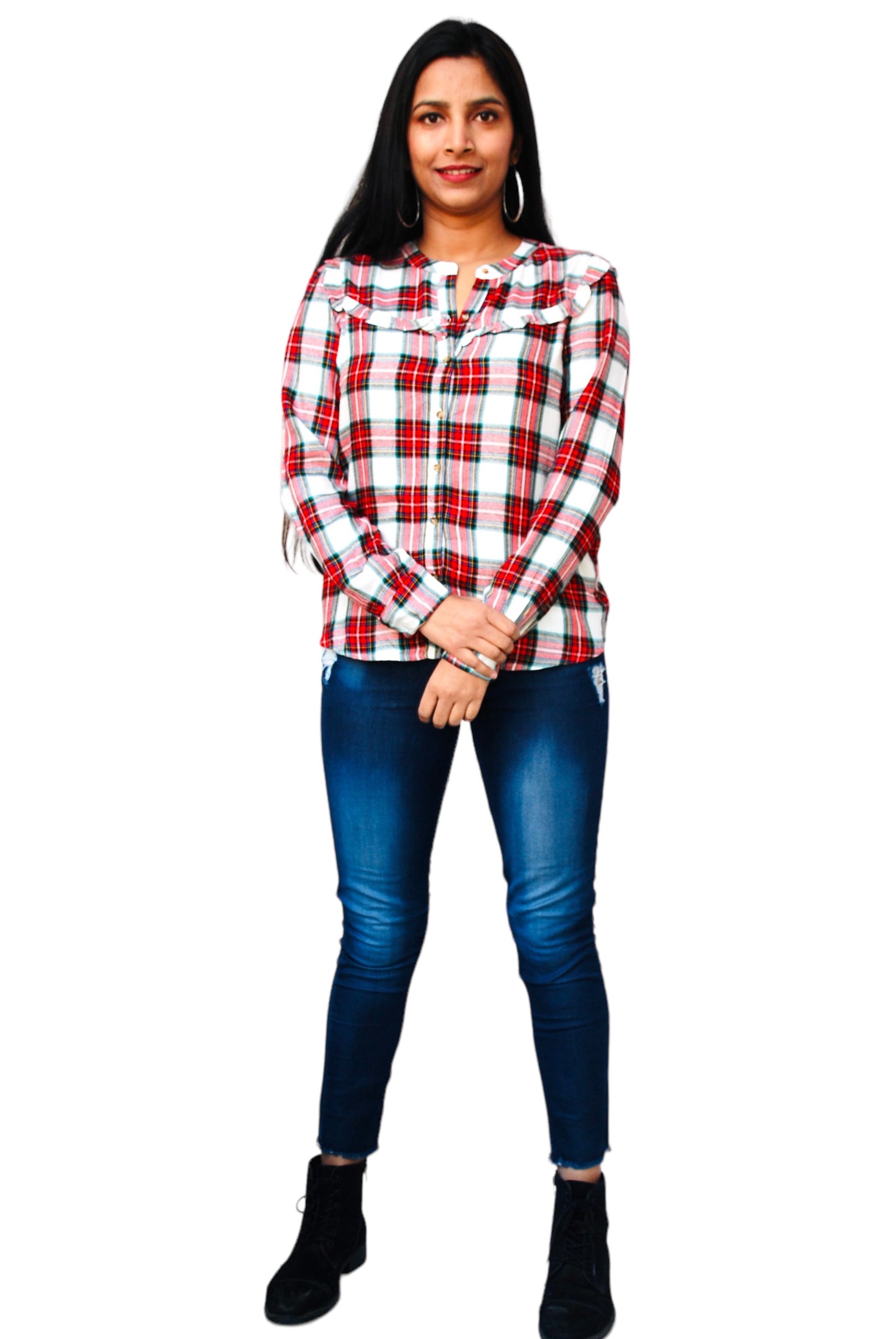 Women Regular Fit Checkered Button Down Collar Casual Shirt