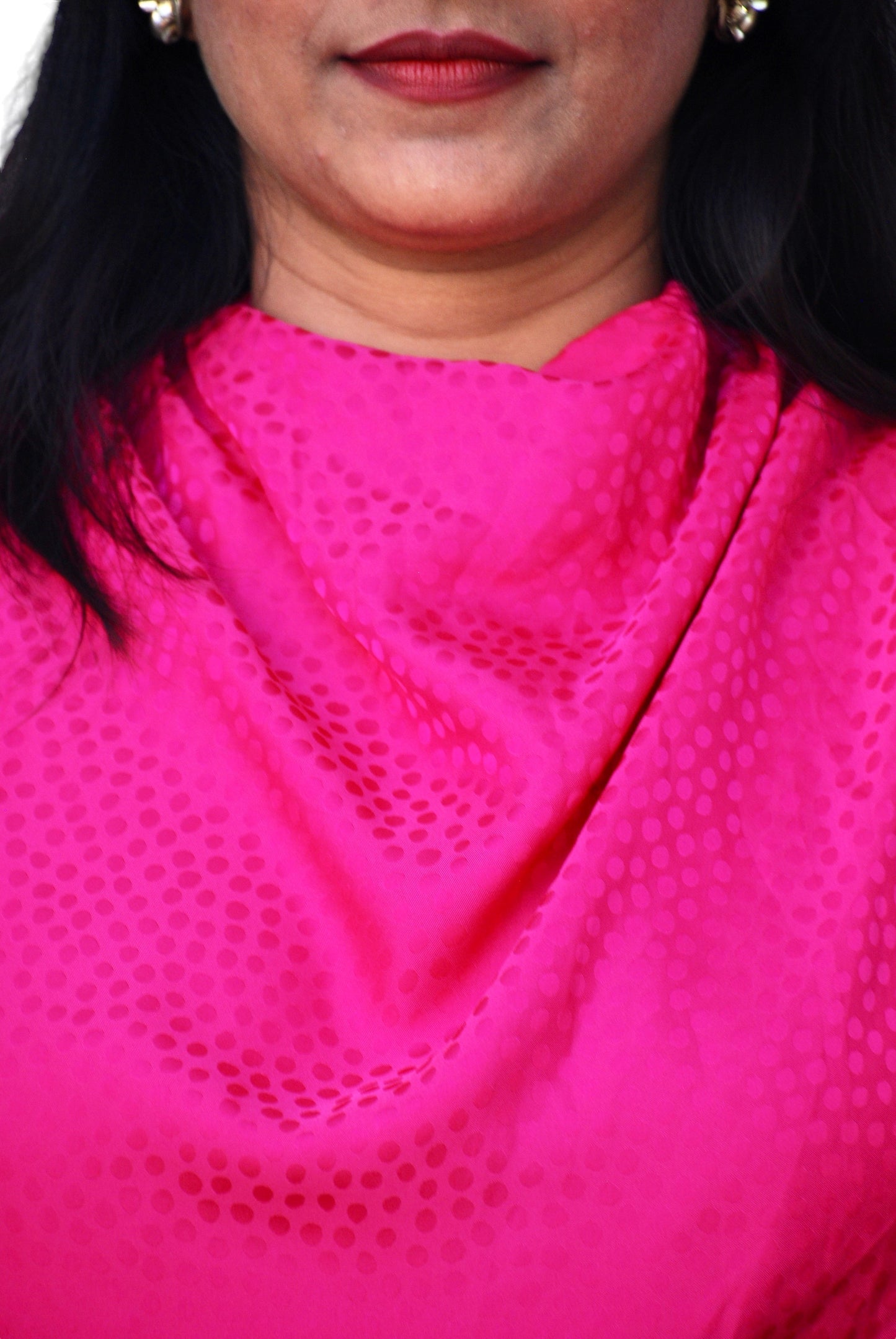 Women Fuchsia Pink Polka dot Design Cowl Neck Midi Dress