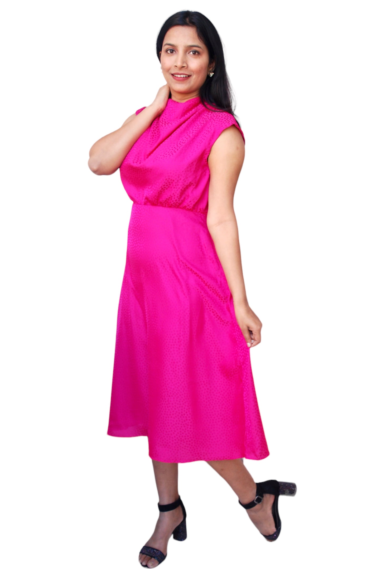Women Fuchsia Pink Polka dot Design Cowl Neck Midi Dress