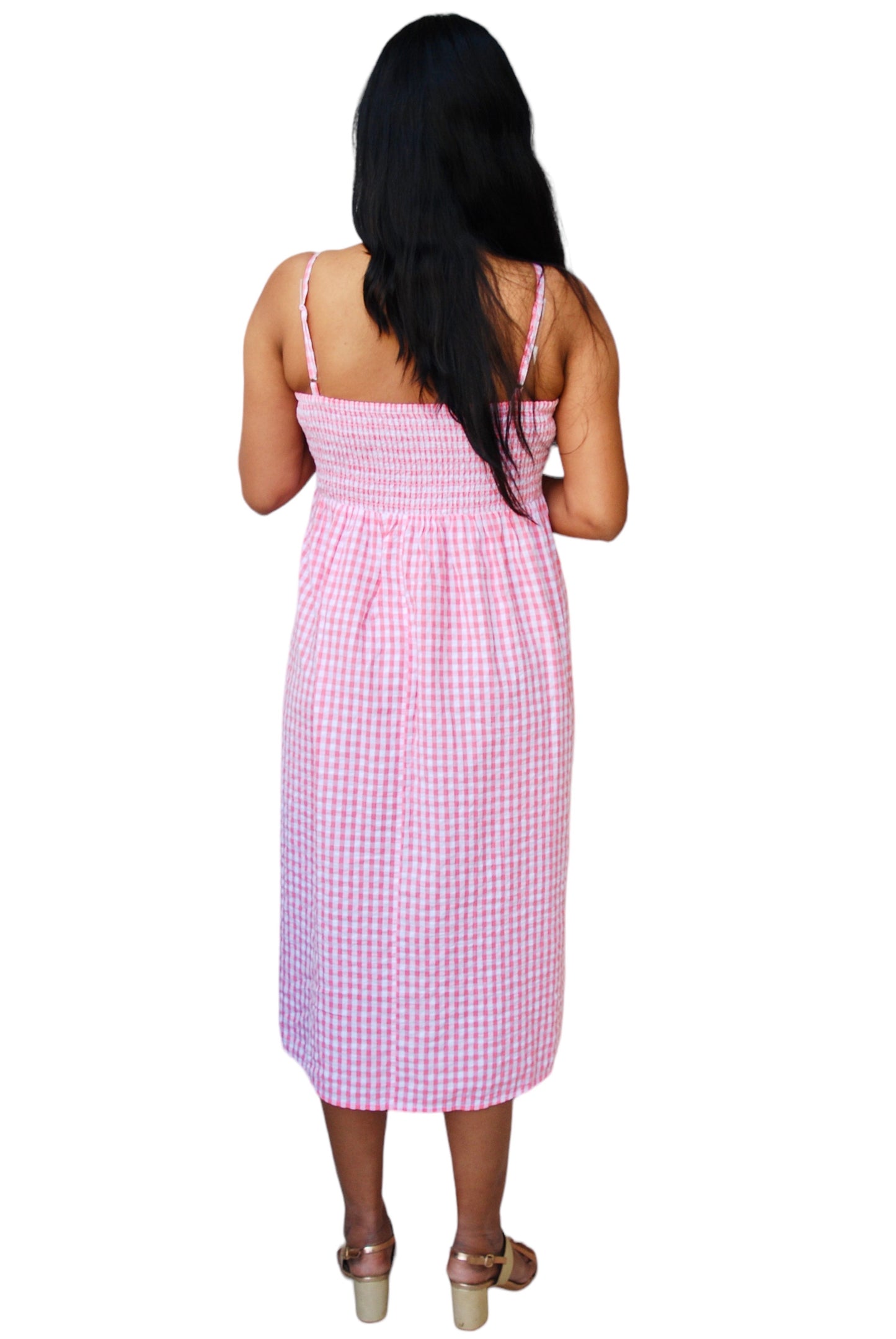 Women Pink Color Gingham Check Cami Dress