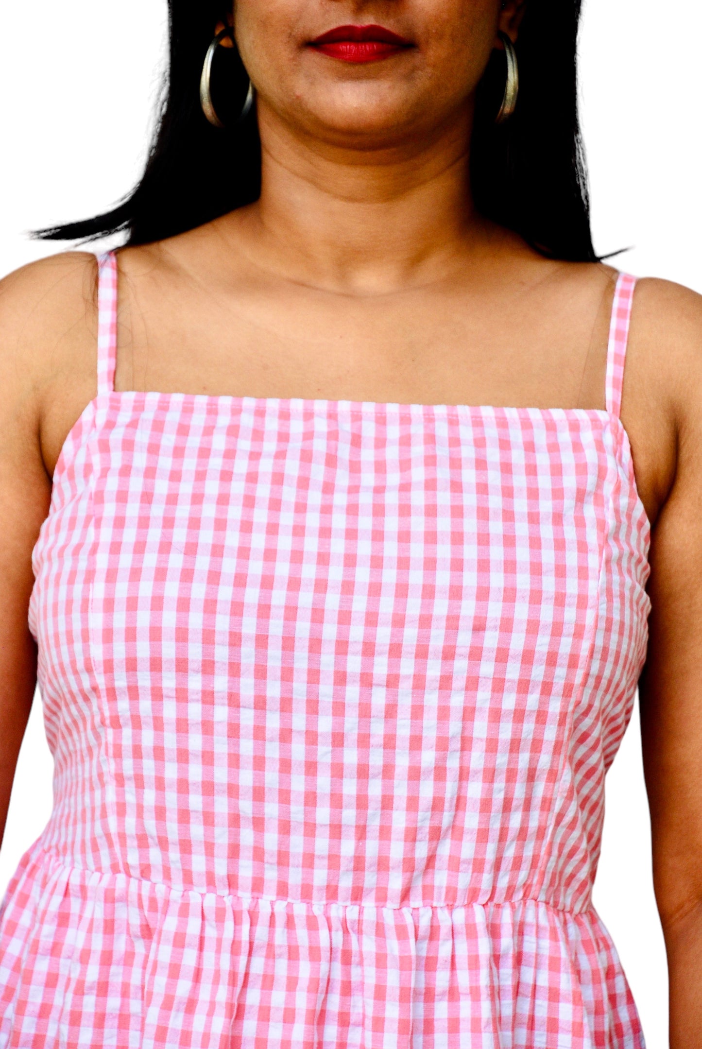 Women Pink Color Gingham Check Cami Dress