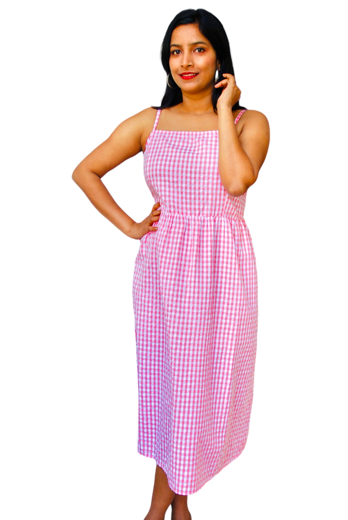 Women Pink Color Gingham Check Cami Dress