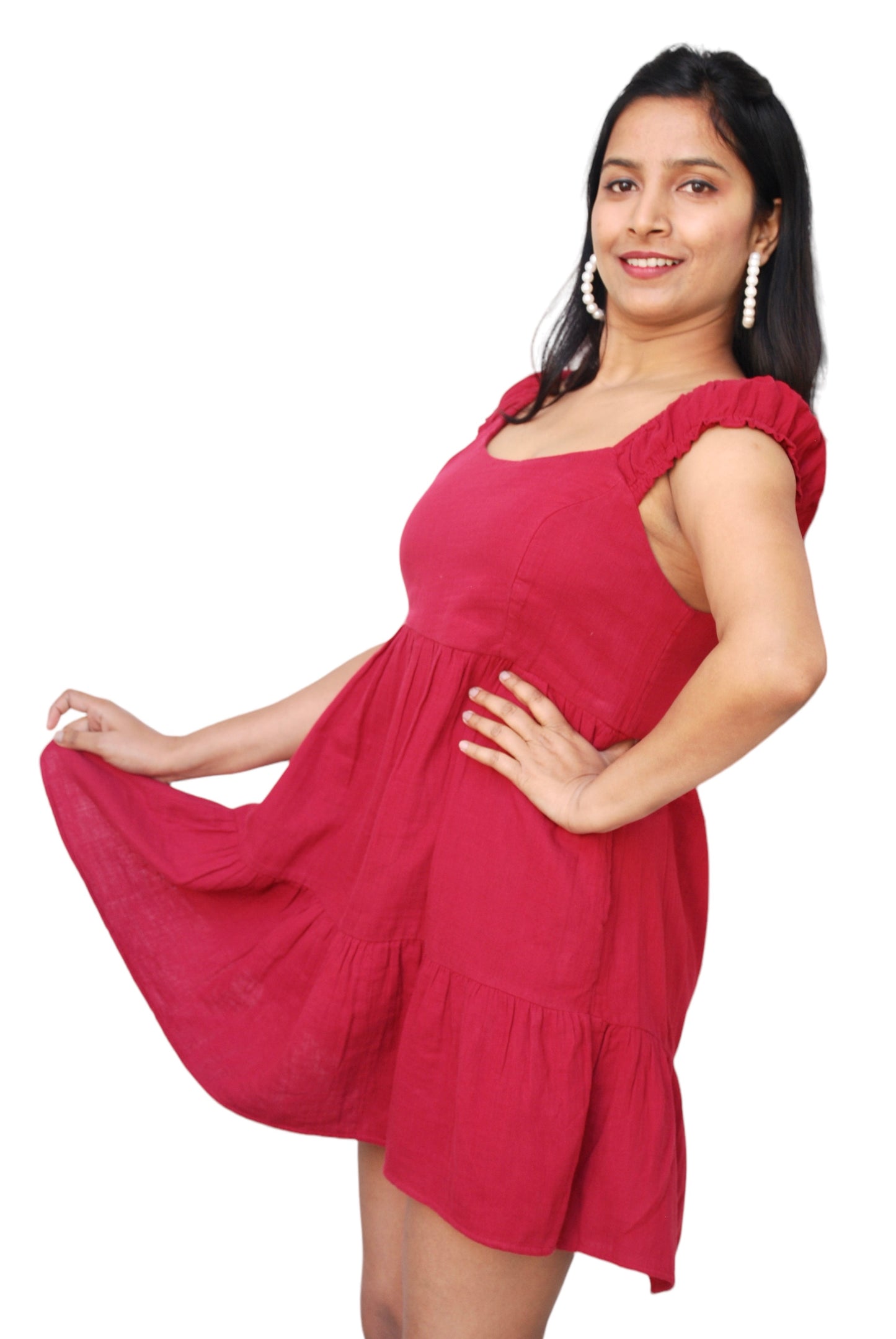 Women Maroon Color Tiered Short Dress