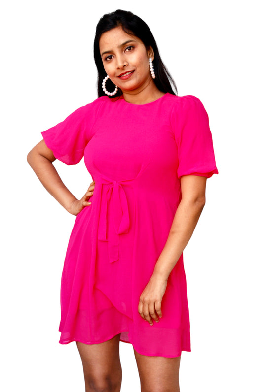 Women Fuchsia Pink Waist Tie-Up A-Line Dress