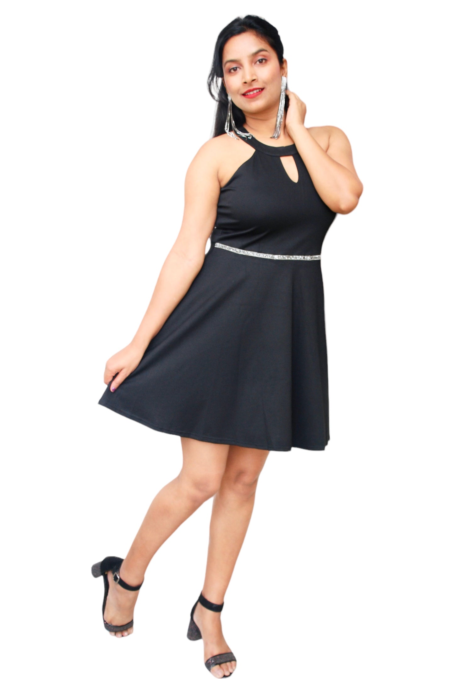 Women Fit and Flare Black Party Wear Embellished Dress