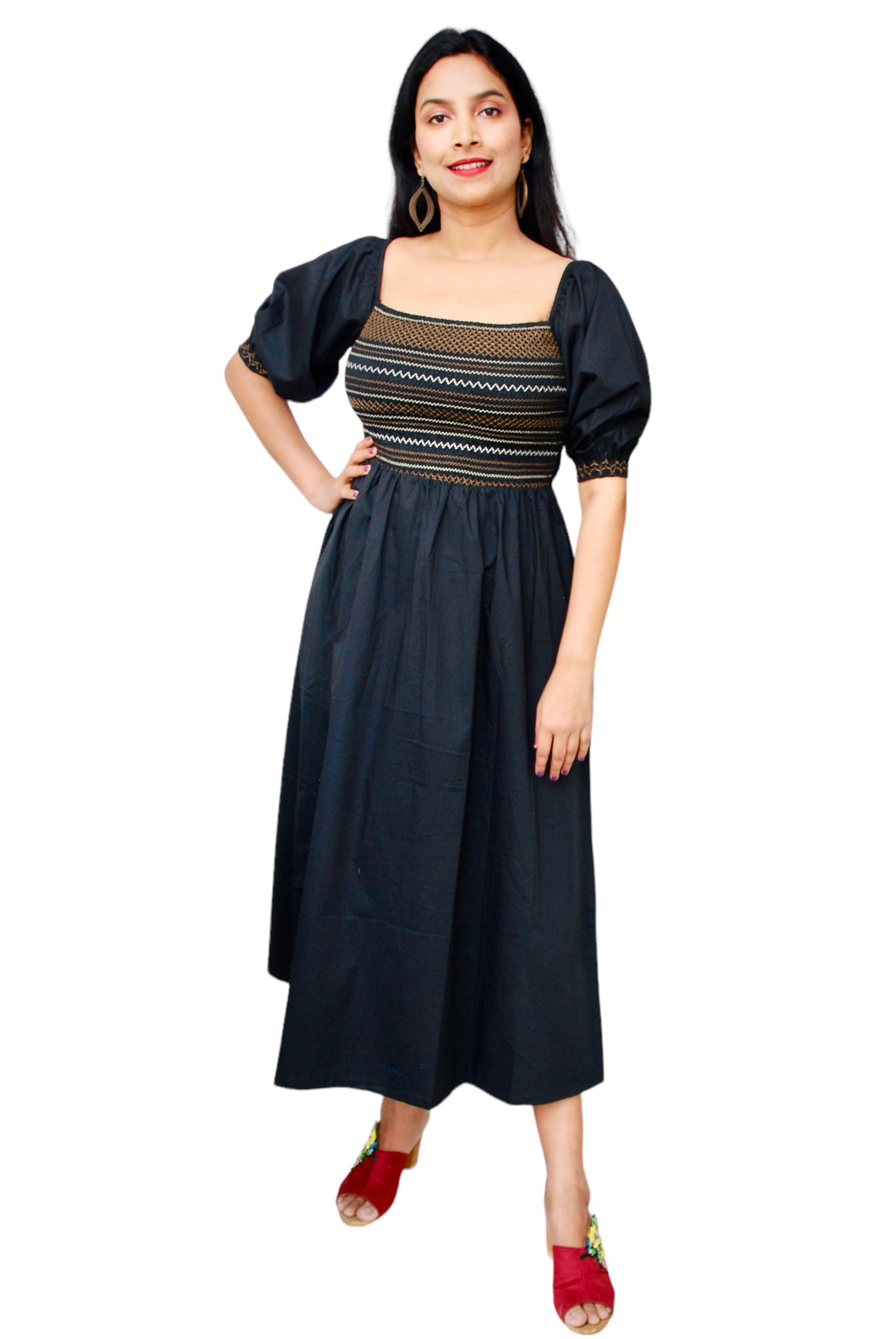 Women Black Color Embroidered Off-Shoulder Midi Dress