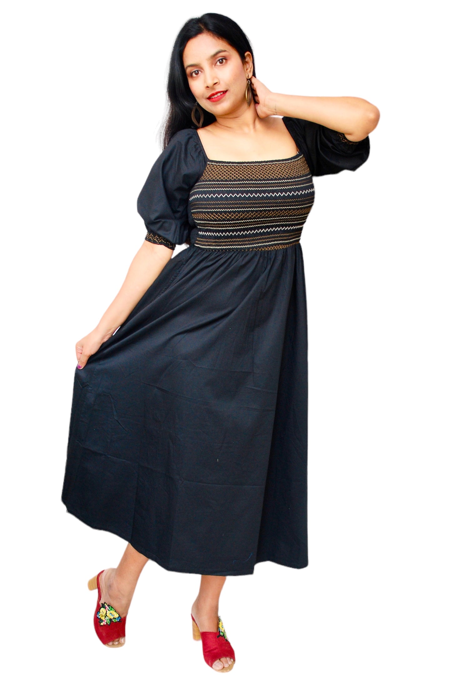 Women Black Color Embroidered Off-Shoulder Midi Dress