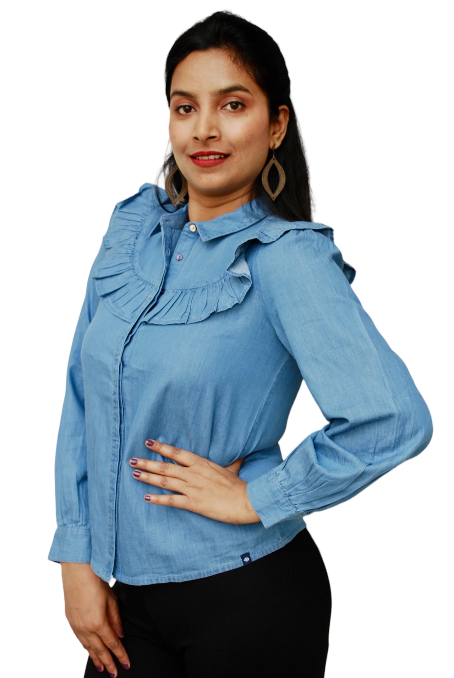 Women Slim Fit Washed Button Down Collar Casual Shirt