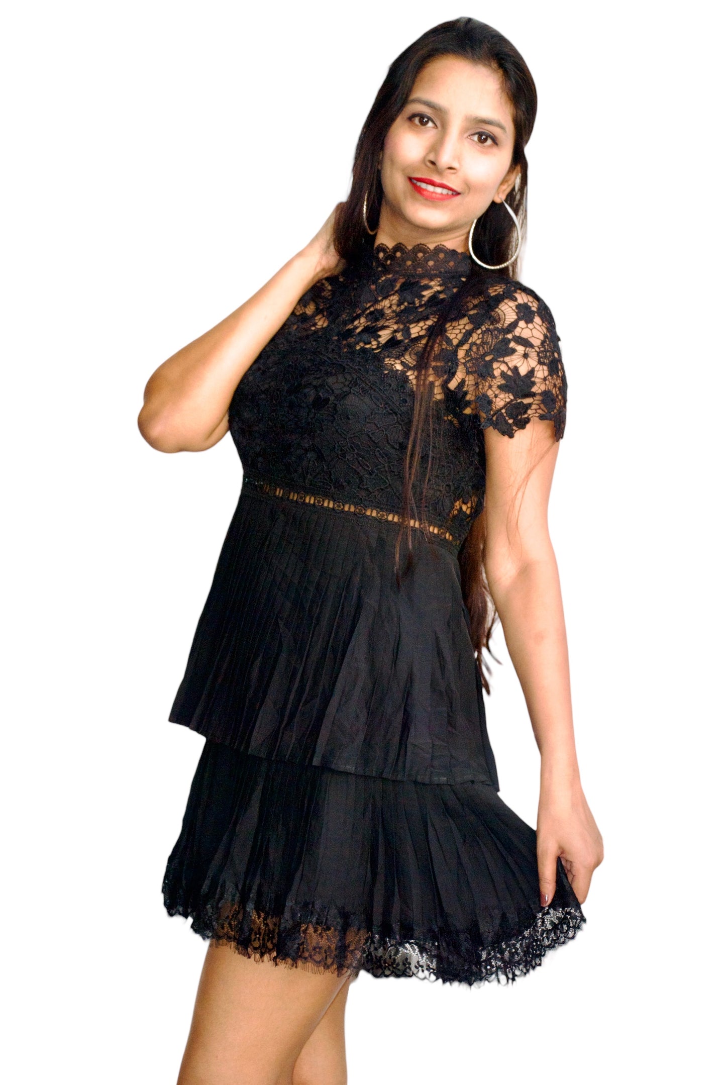 Women Lace Bodice With Pleated Hem Designer Dress.