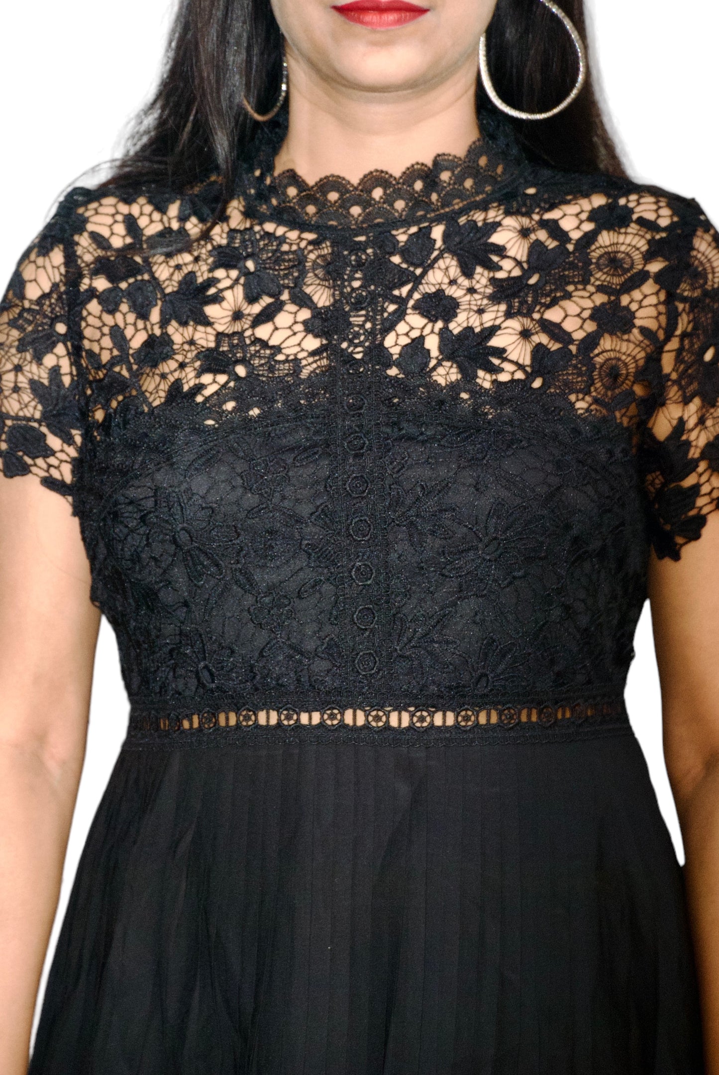 Women Lace Bodice With Pleated Hem Designer Dress.