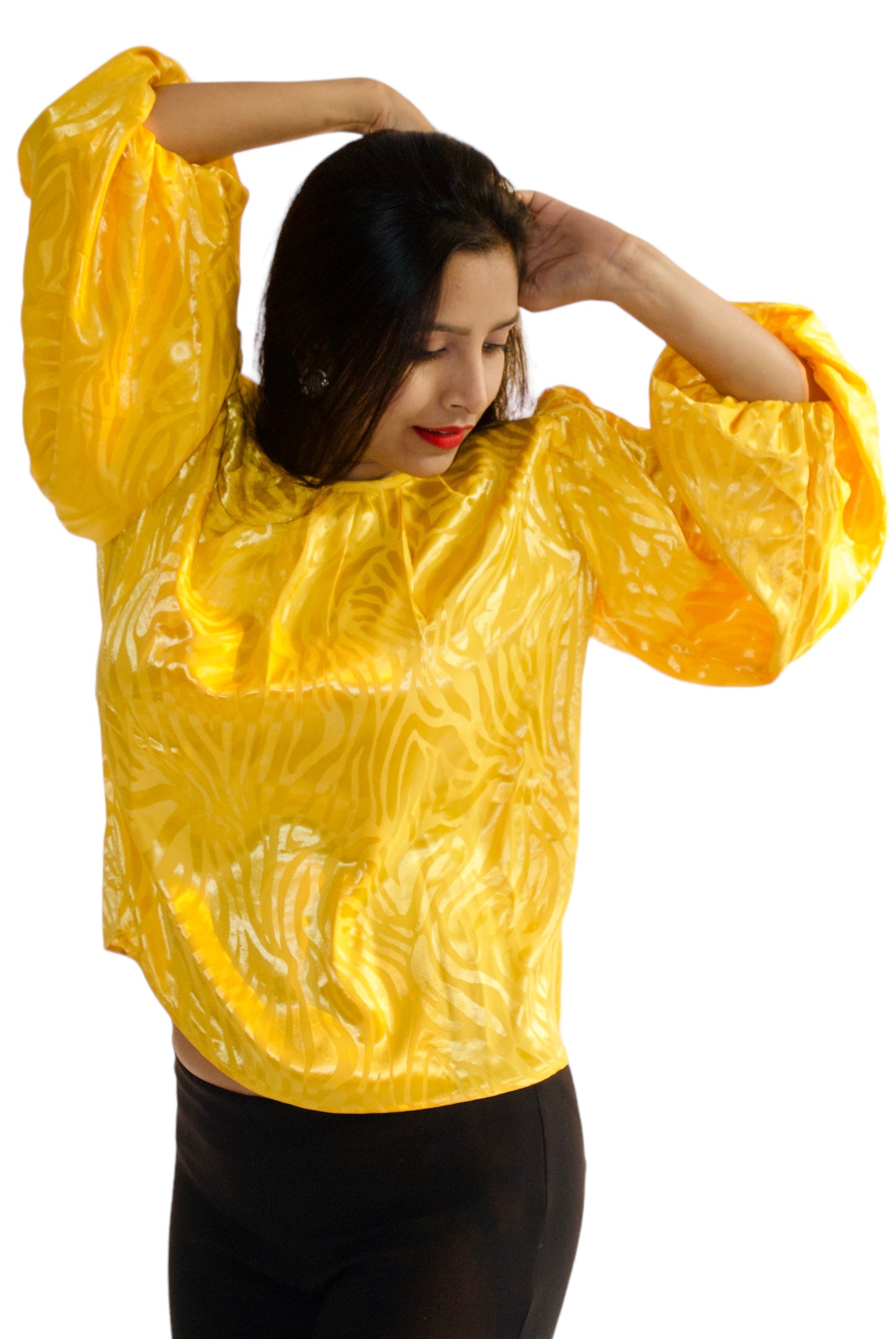 Women Yellow Color Self Embossed Party Wear Top.