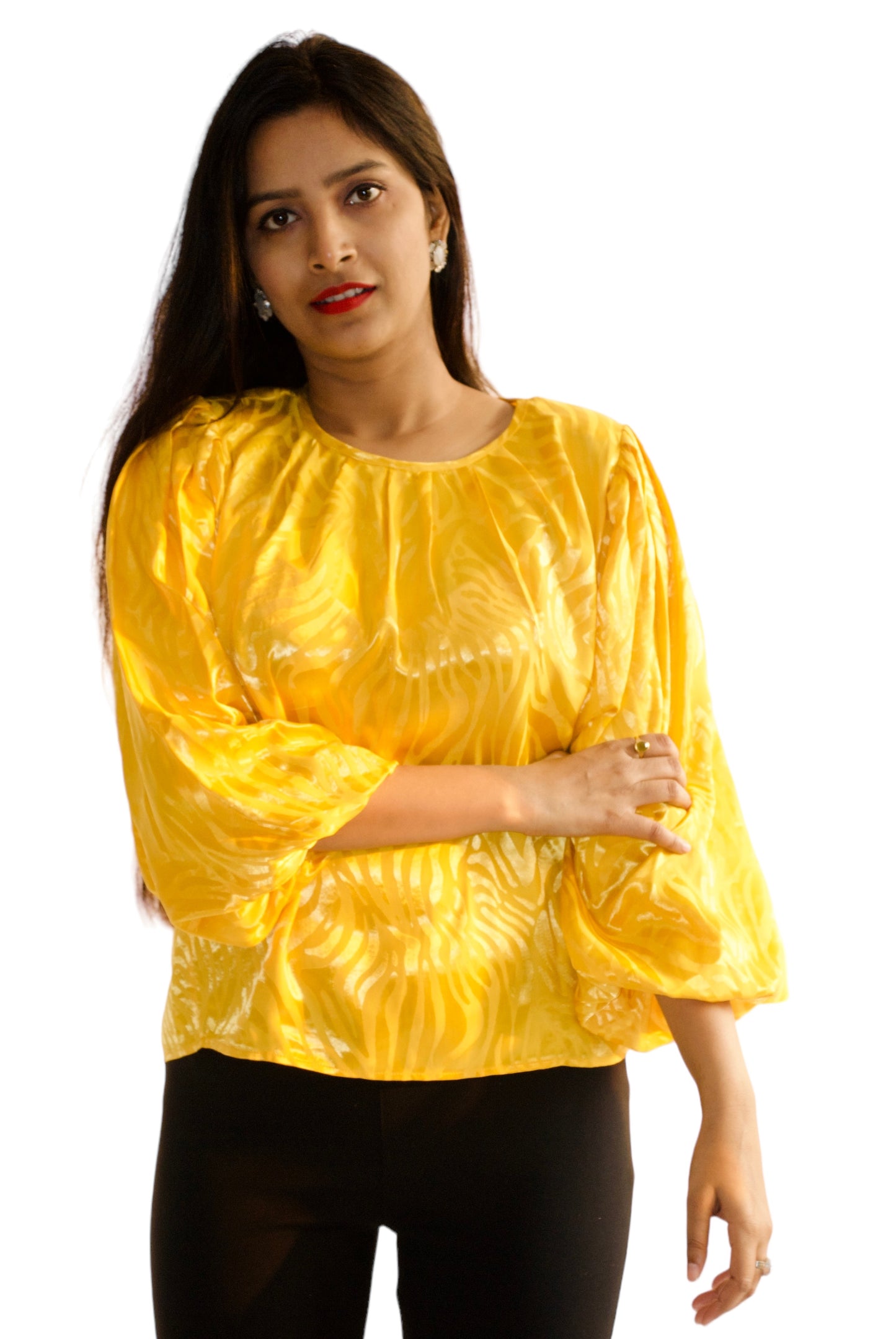 Women Yellow Color Self Embossed Party Wear Top.