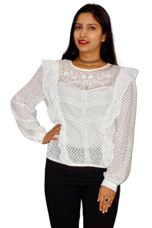 Women White Color Embroidered Lace Top