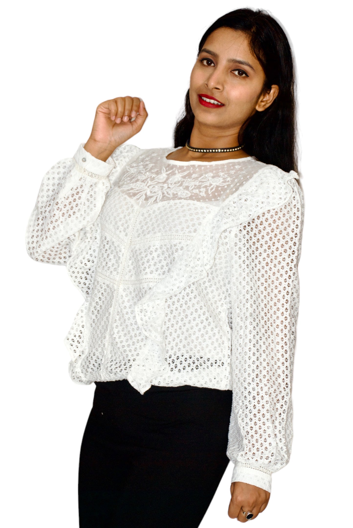 Women White Color Embroidered Lace Top