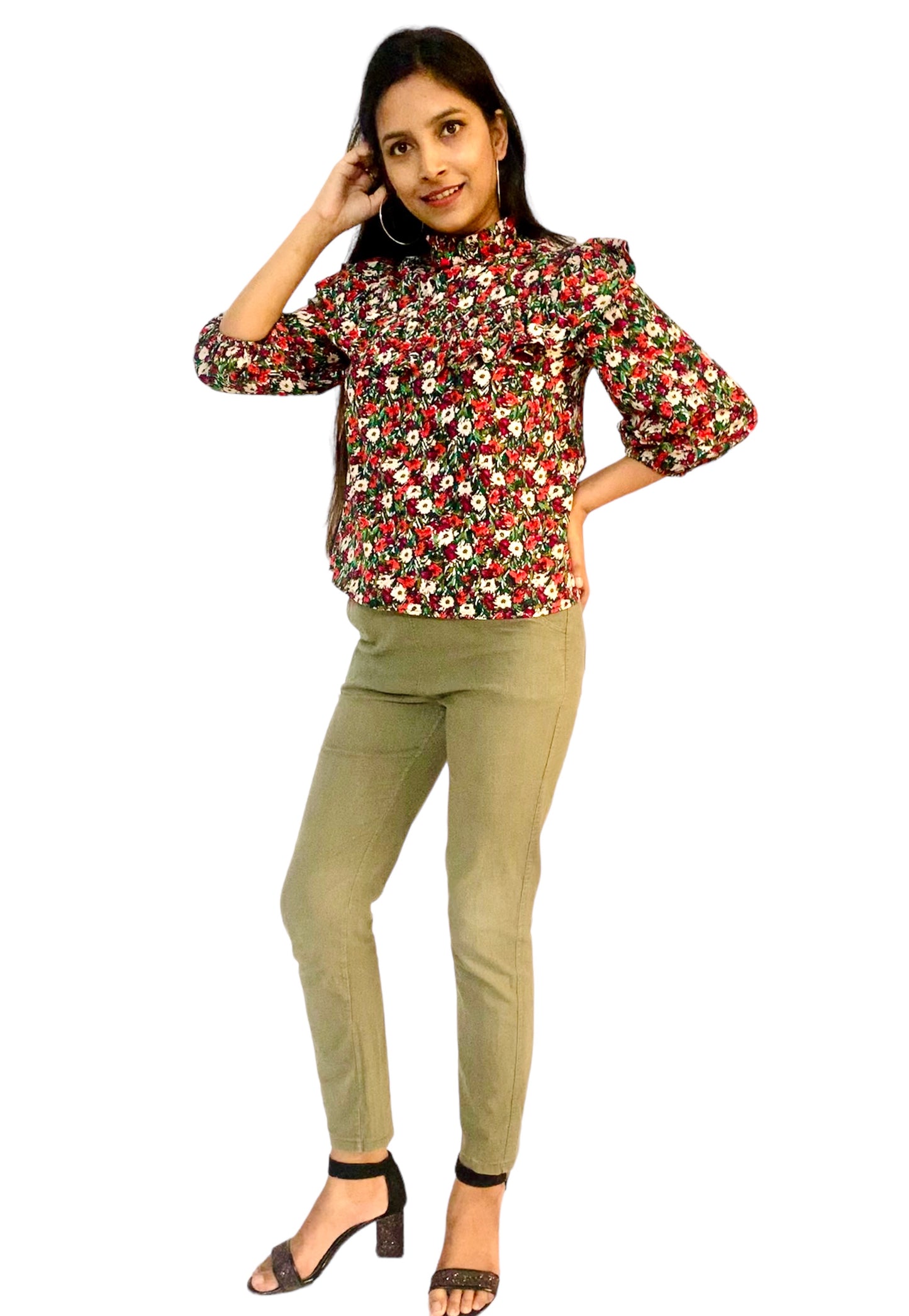 Women Multicolor Floral Printed Ruffle Yoke Top