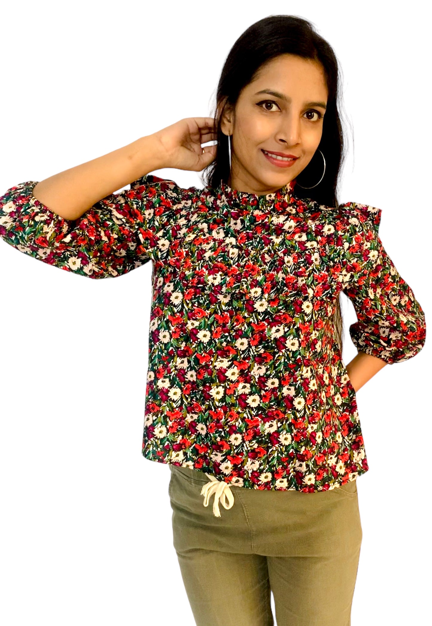 Women Multicolor Floral Printed Ruffle Yoke Top