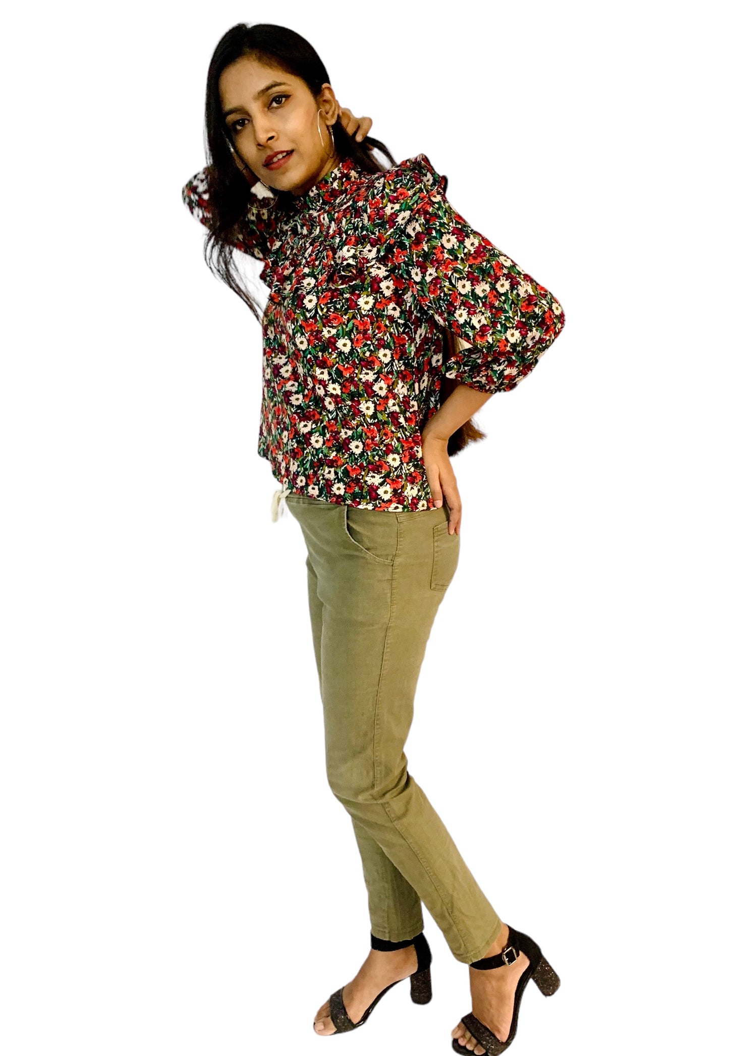 Women Multicolor Floral Printed Ruffle Yoke Top