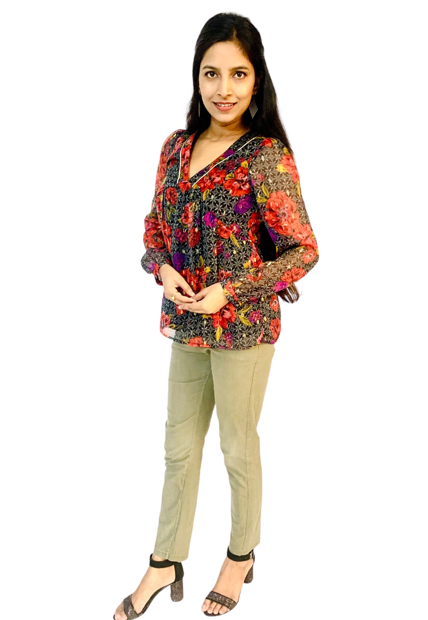 Women Multicolor Color Plunging Neck Printed Top