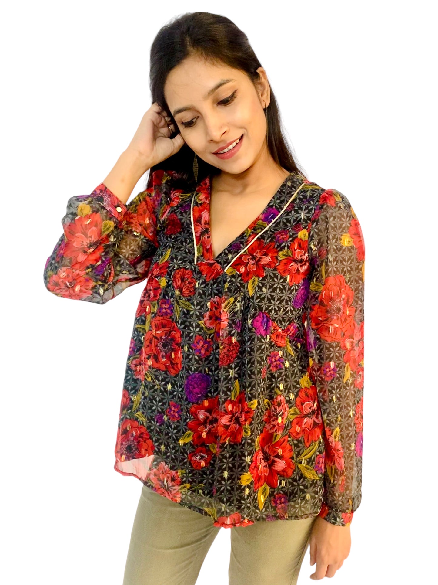 Women Multicolor Color Plunging Neck Printed Top