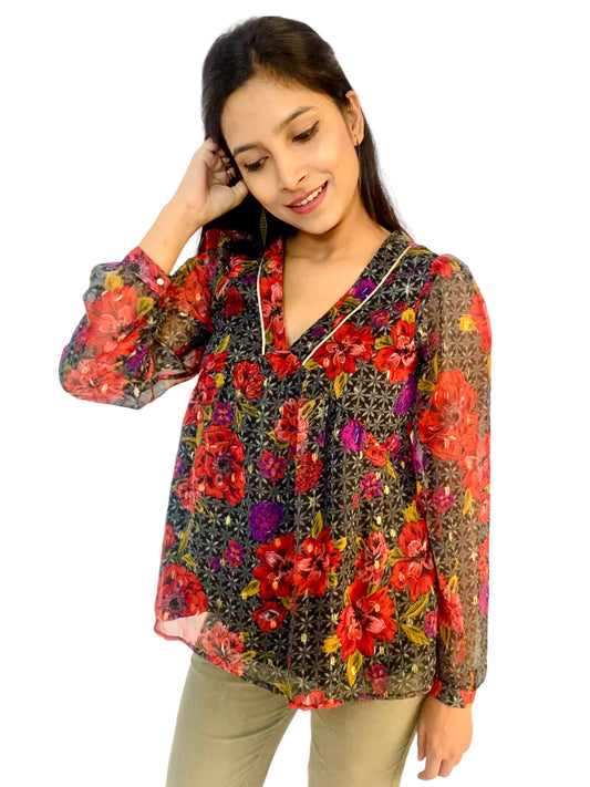 Women Multicolor Color Plunging Neck Printed Top