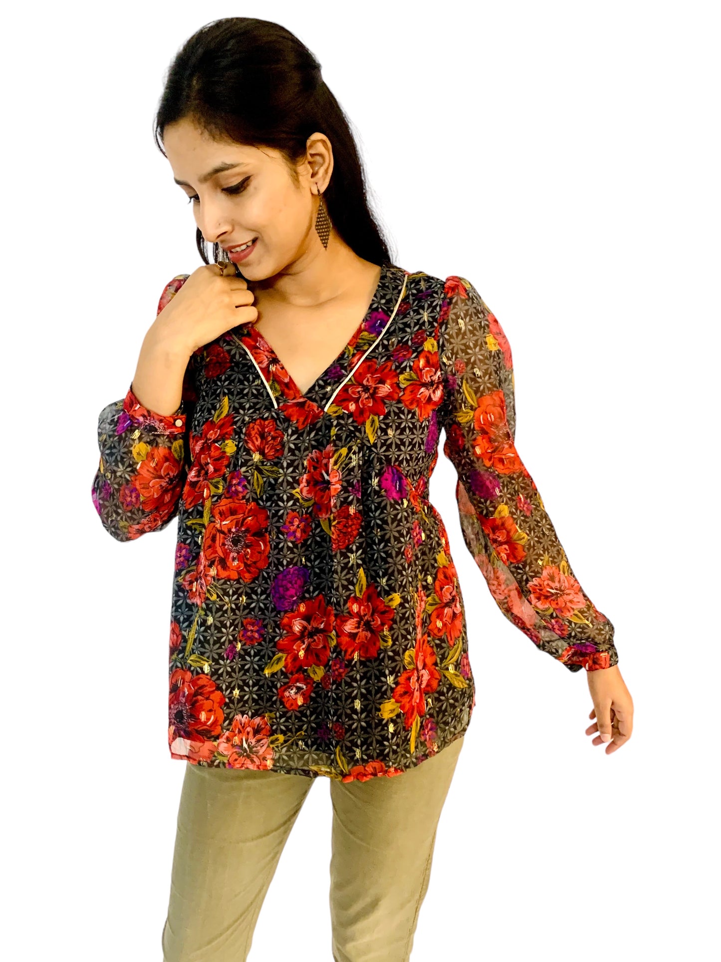 Women Multicolor Color Plunging Neck Printed Top