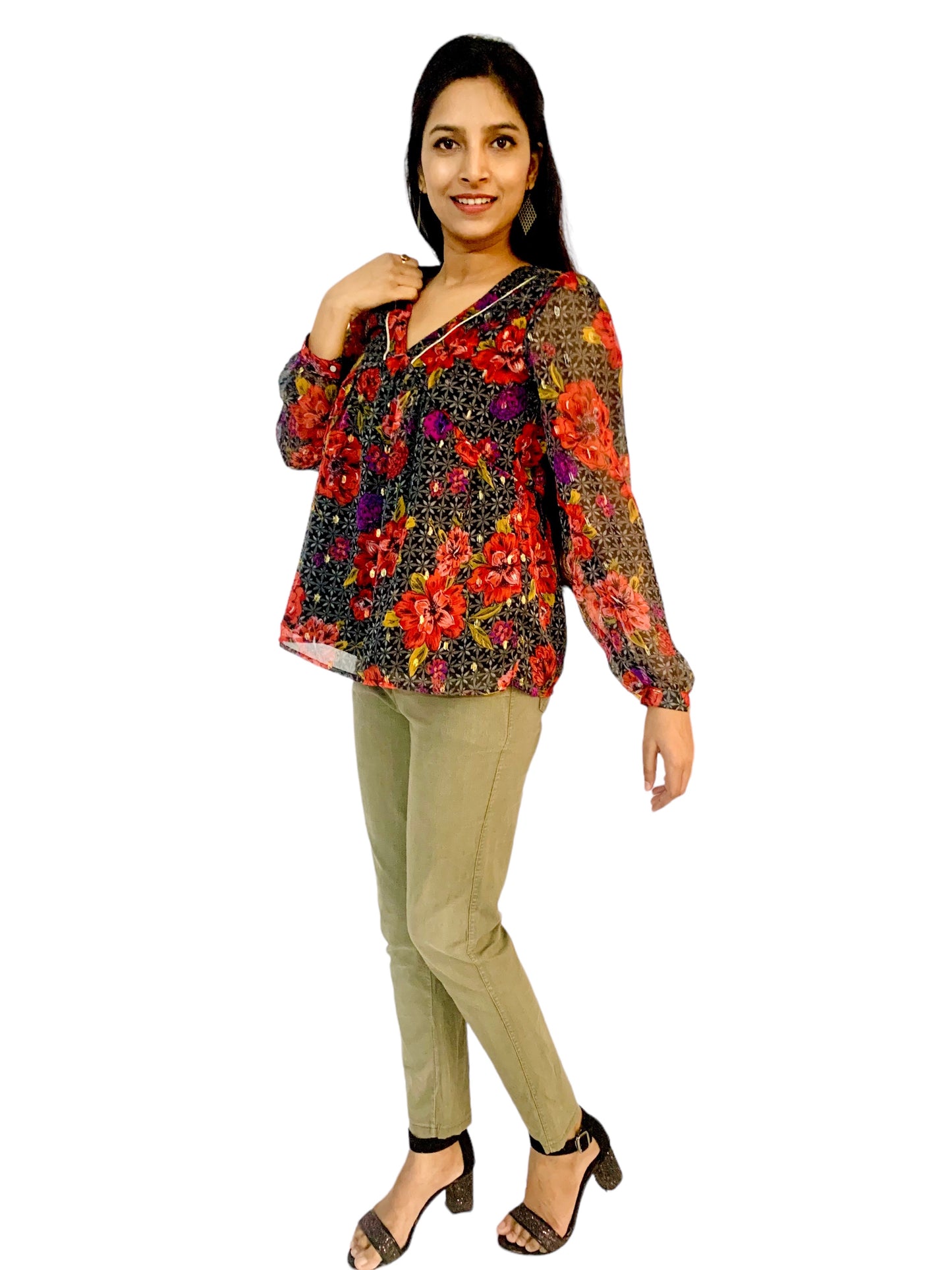 Women Multicolor Color Plunging Neck Printed Top